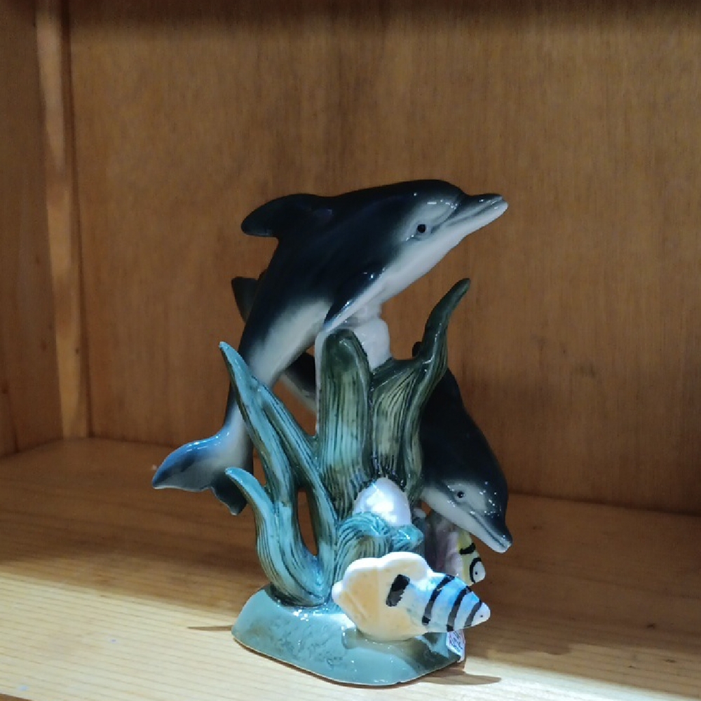 Dolphin Figurine with Seaweed and Fish